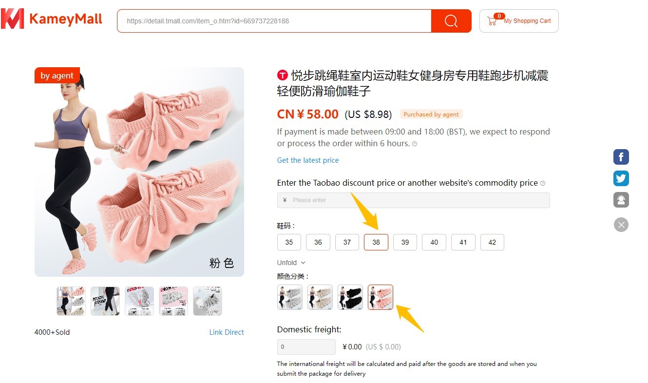 KameyMall 2023 tutorial with highlighted shoe size and colour options