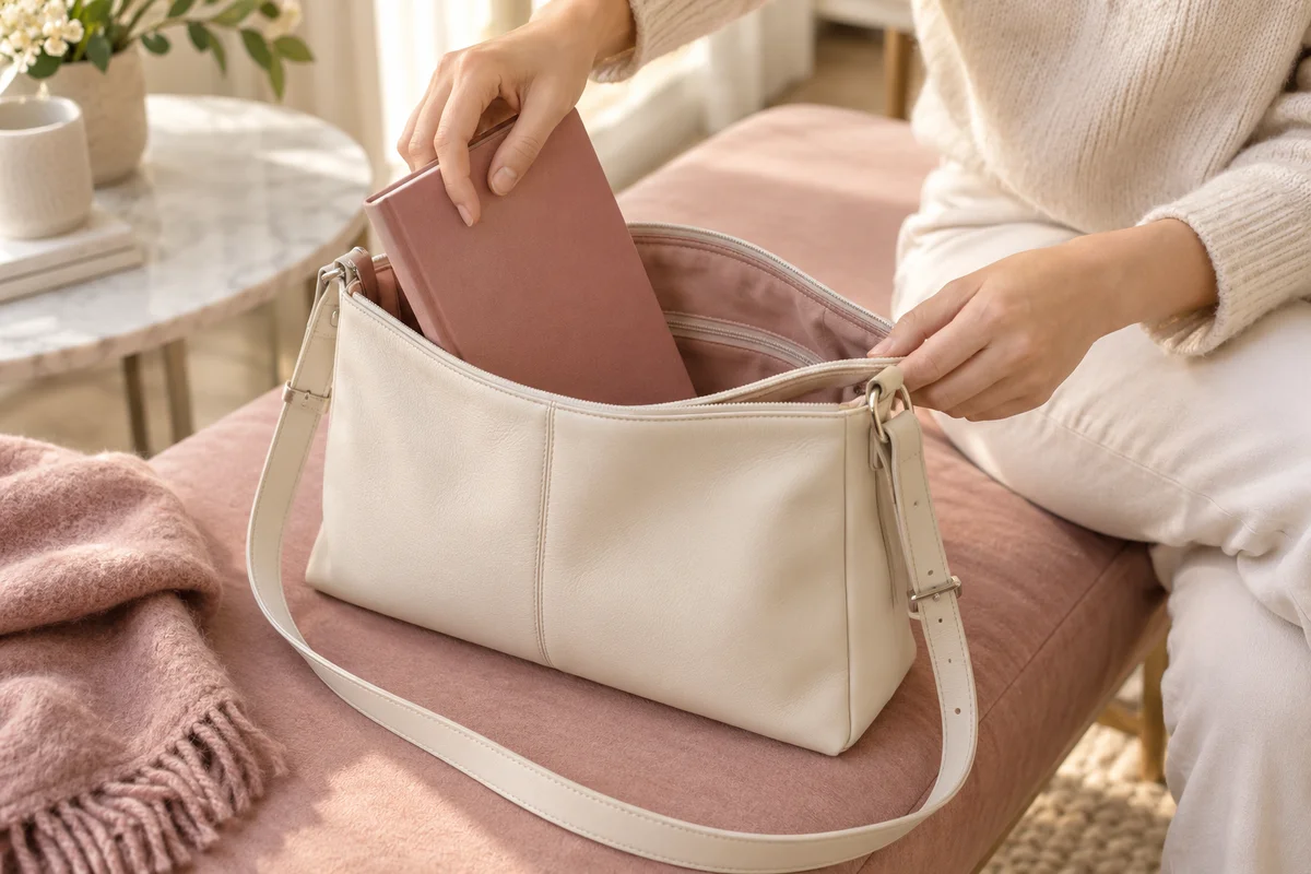 A notebook used to check a shoulder bag’s usable space