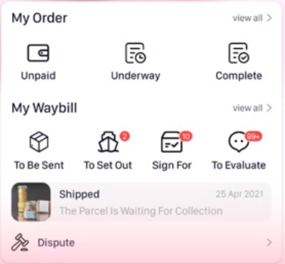 KameyMall developer app preview showing My Order and My Waybill statuses